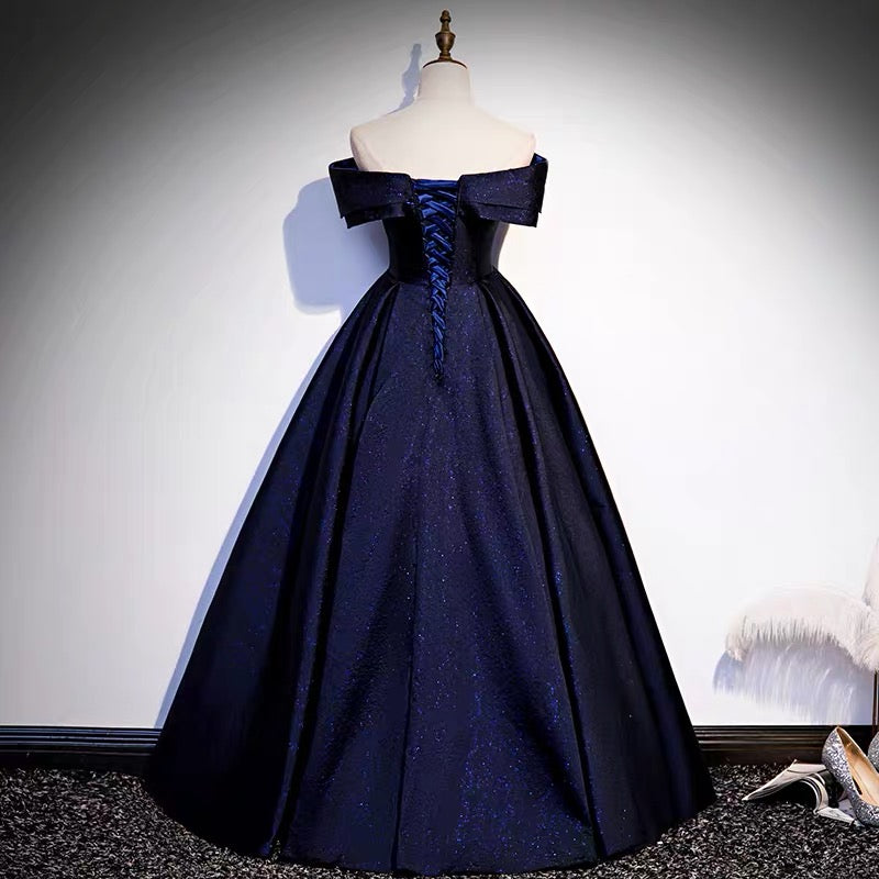 Off Shoulder Puffy Prom Dress in Navy Blue - Dollygown