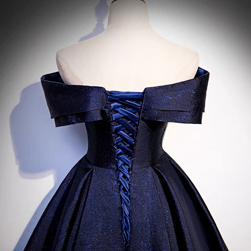 navy blue puffy prom dress Sweetheart Navy Blue Appliques A-line Ruffle Long Prom Dress, Navy Blue / 2