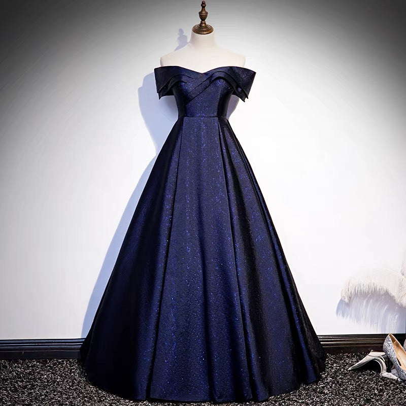 Off Shoulder Puffy Prom Dress in Navy Blue - Dollygown