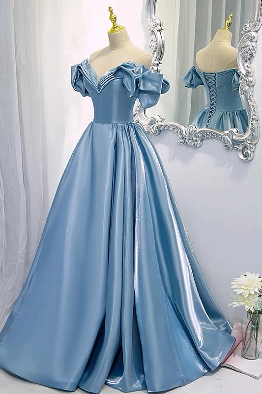 Off Shoulders Ball Gown Poofy Dusty Blue Prom Dress - DollyGown
