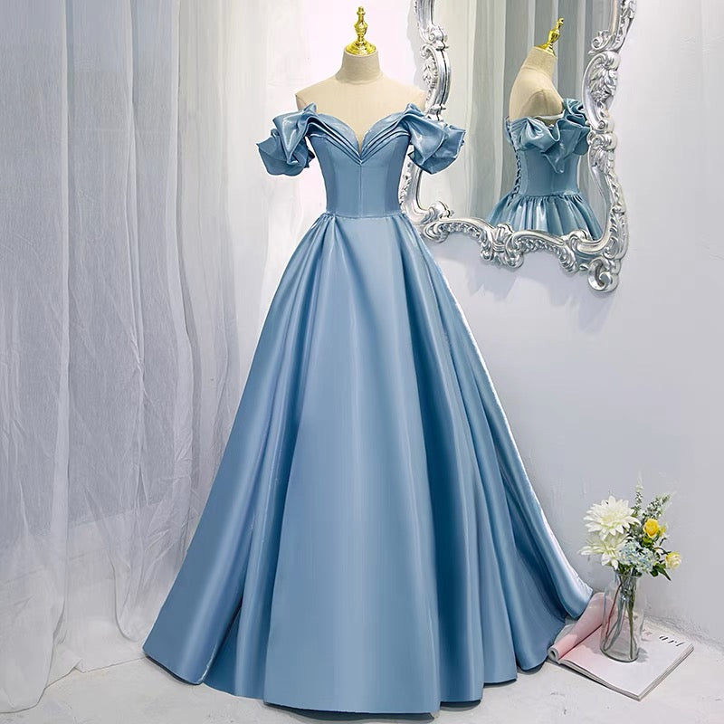 Off Shoulders Ball Gown Poofy Dusty Blue Prom Dress -DollyGown