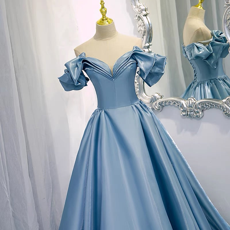 Off Shoulders Ball Gown Poofy Dusty Blue Prom Dress -DollyGown