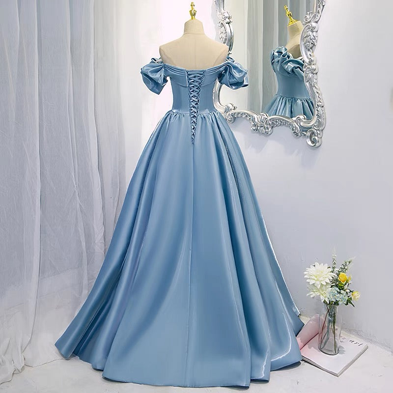 Off Shoulders Ball Gown Poofy Dusty Blue Prom Dress -DollyGown