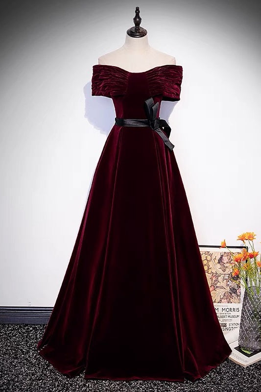 Off Shoulders Burgundy Velvet Prom Dress - Dollygown