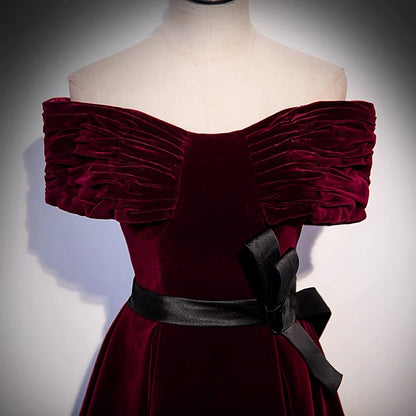 Off Shoulders Burgundy Velvet Prom Dress - Dollygown