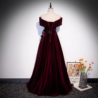 Off Shoulders Burgundy Velvet Prom Dress - Dollygown