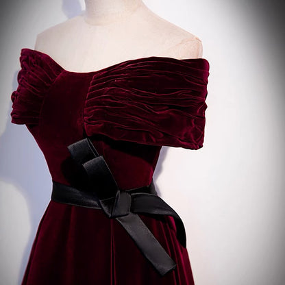 Off Shoulders Burgundy Velvet Prom Dress - Dollygown