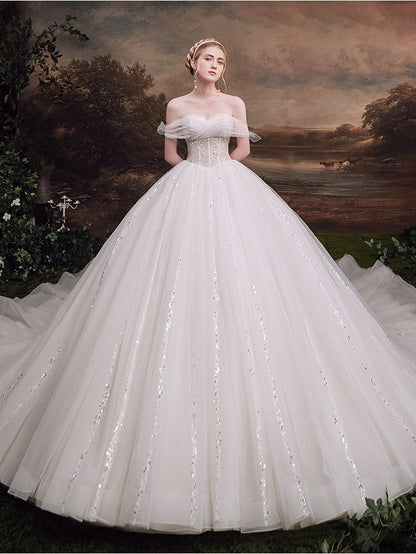 Off Shoulders Cathedral Ball Gown Wedding Dress - DollyGown