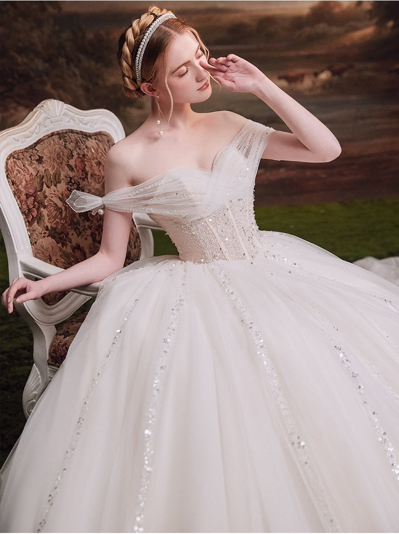 Off Shoulders Cathedral Ball Gown Wedding Dress - DollyGown