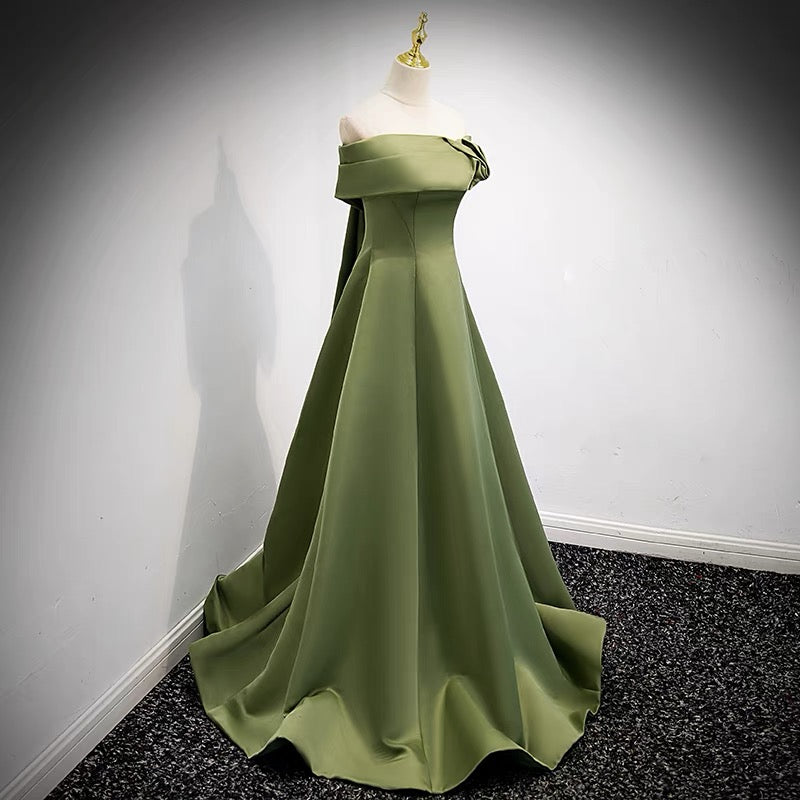 olive green off shoulder dress Light Olive Green Off-Shoulder Evening Dress with Soft Lace Embroidery -