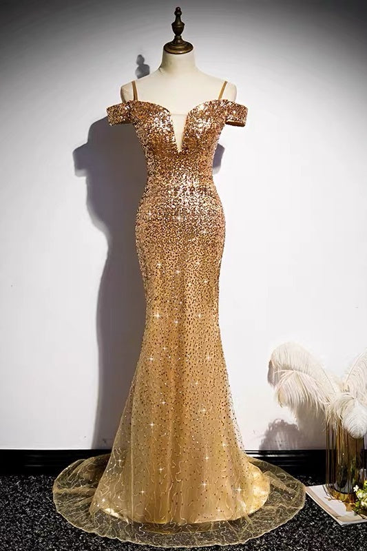 Off Shoulders Tight Fit Gold Sequin Prom Dress - DollyGown