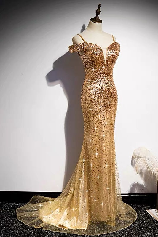 Off Shoulders Tight Fit Gold Sequin Prom Dress Off Shoulders Tight Fit Gold Sequin Prom Dress