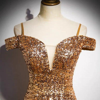 Off Shoulders Tight Fit Gold Sequin Prom Dress -DollyGown