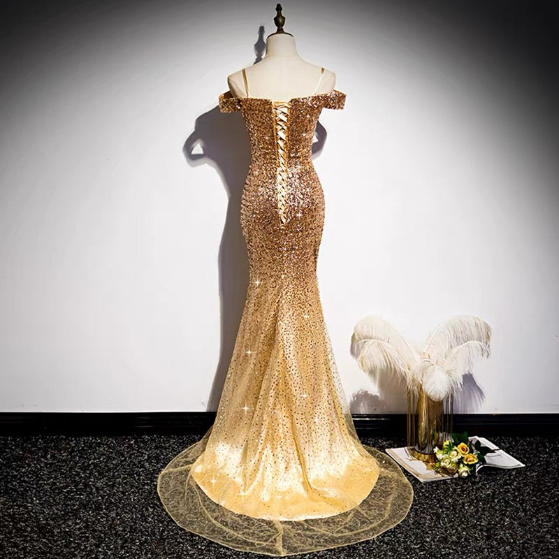 Off Shoulders Tight Fit Gold Sequin Prom Dress Off Shoulders Tight Fit Gold Sequin Prom Dress