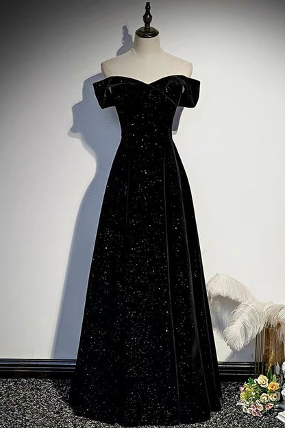 Off Shoulders Velvet Glitter Black Prom Dress - Dollygown