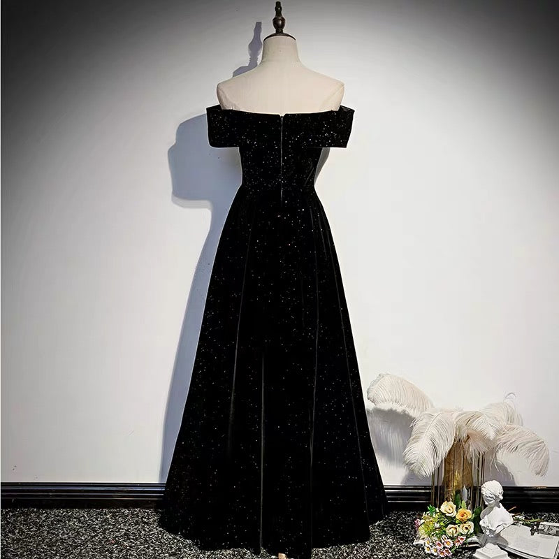 Off Shoulders Velvet Glitter Black Prom Dress - Dollygown