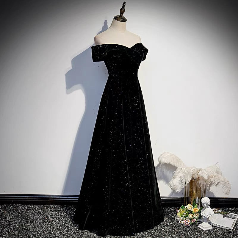 Off Shoulders Velvet Glitter Black Prom Dress - Dollygown