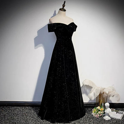 Off Shoulders Velvet Glitter Black Prom Dress - Dollygown