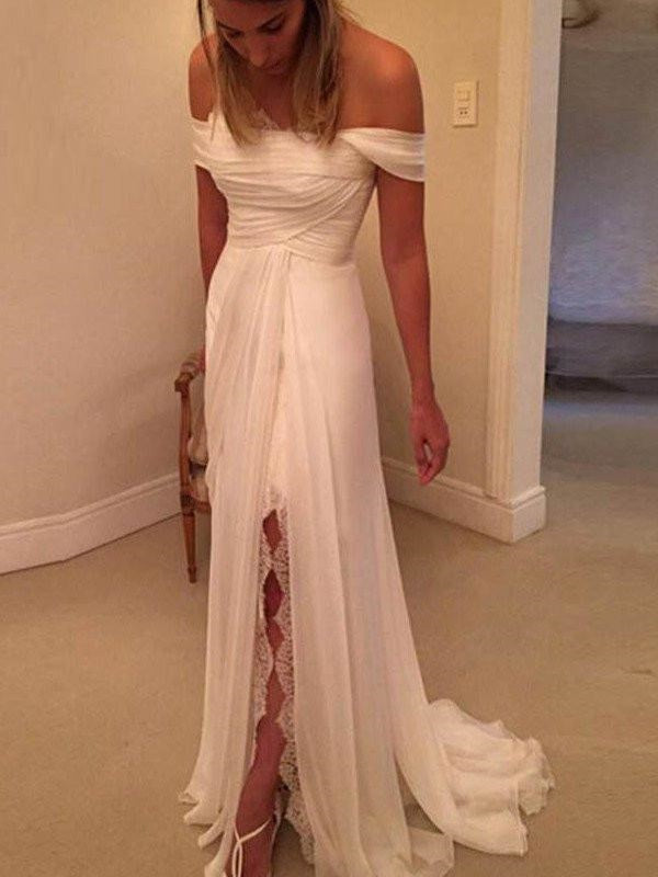 Off Shoulders Wedding Dress with Side Slit Chiffon Bohemian Beach Wedding Dress WS083-Dolly Gown