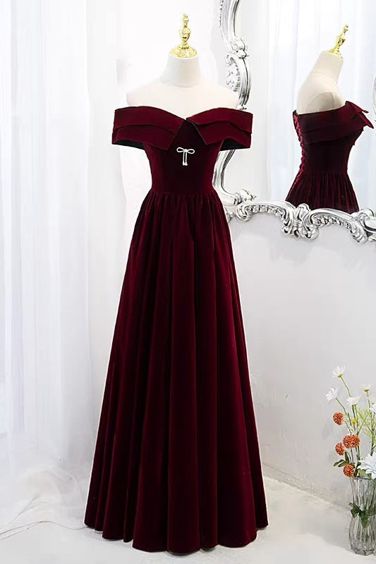 Classy Off The Shoulder Burgundy Velvet 8th Grade Formal Dress - Dollygown