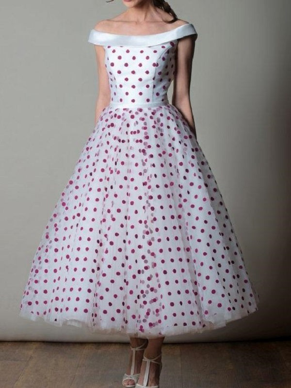 Off The Shoulder Red Polka Dots Vintage inspired Pin Up Wedding Dress