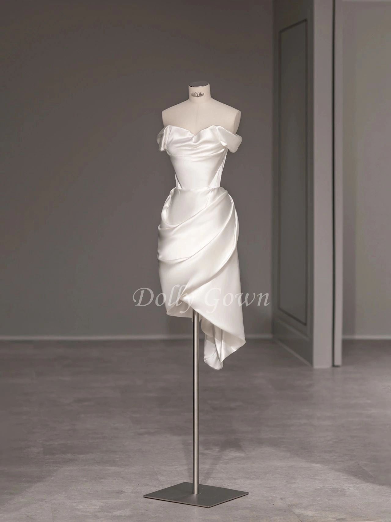 Off the Shoulder Short Silk Wedding Dress - DollyGown