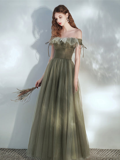 Olive Green Tulle Fairytale Long Prom Dress - DollyGown