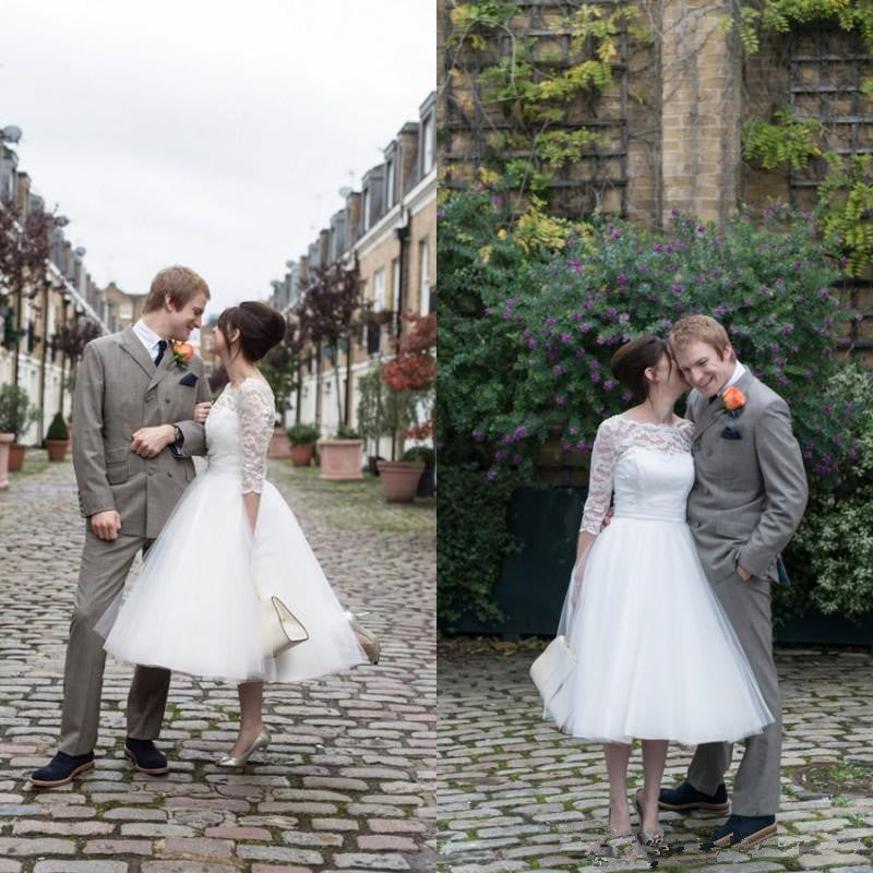 One Shoulder Long Sleeved Lace Tea Length 50s style Wedding Dress,GDC1518-Dolly Gown