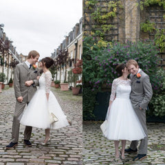 One Shoulder Long Sleeved Lace Tea Length 50s style Wedding Dress,GDC1518-Dolly Gown
