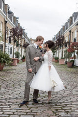 One Shoulder Long Sleeved Lace Tea Length 50s style Wedding Dress,GDC1518-Dolly Gown
