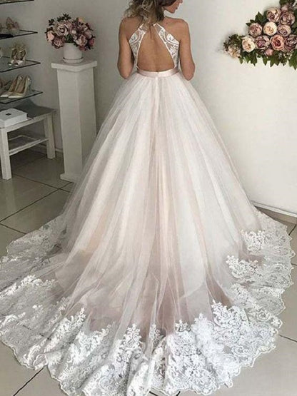 Open Back Plunge V neck Tulle Fall Wedding Dress Ball Gown with Lace Hem Vestido de novia GDC1332-Dolly Gown