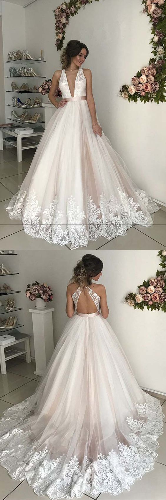 Open Back Plunge V neck Tulle Fall Wedding Dress Ball Gown with