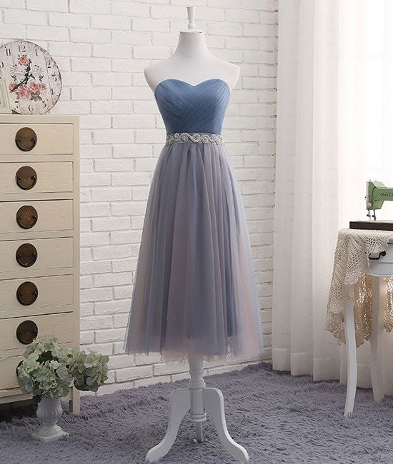 Dusty Blue Tulle Strapless Prom Dress in Different Length with Rinestones Belt 201707205-Dolly Gown