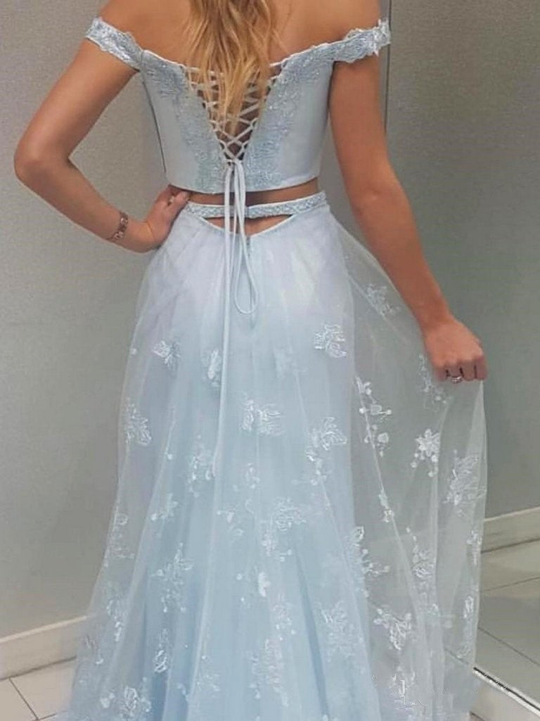 Pale Blue Fit Off Shoulders Lace Two Piece Long Prom Dress with Side Slit Pale Blue Fit Off Shoulders Lace Two Piece Long Prom Dress with Side Slit