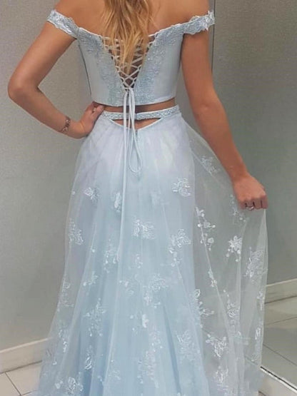 Pale Blue Fit Off the Shoulder Lace Two Piece Long Prom Dress with Side Slit,20081625-Dolly Gown