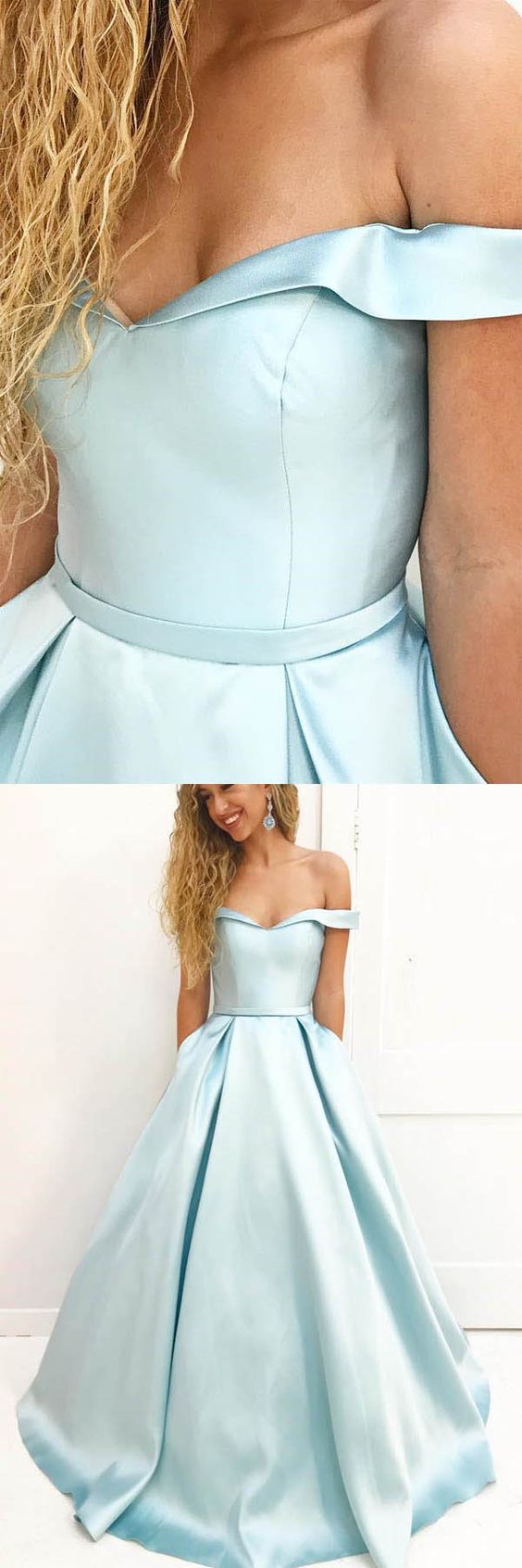 Pale Blue A-line Satin Off Shoulders Long Prom Dress,Simple Sweet 16 Dress,GDC1227-Dolly Gown