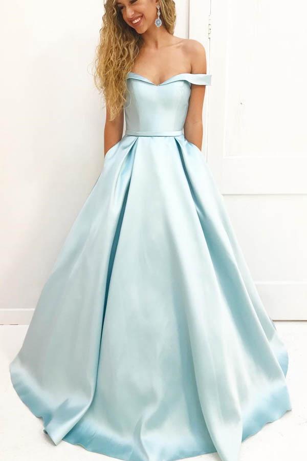 Pale Blue A-line Satin Off Shoulders Long Prom Dress,Simple Sweet 16 Dress,GDC1227-Dolly Gown