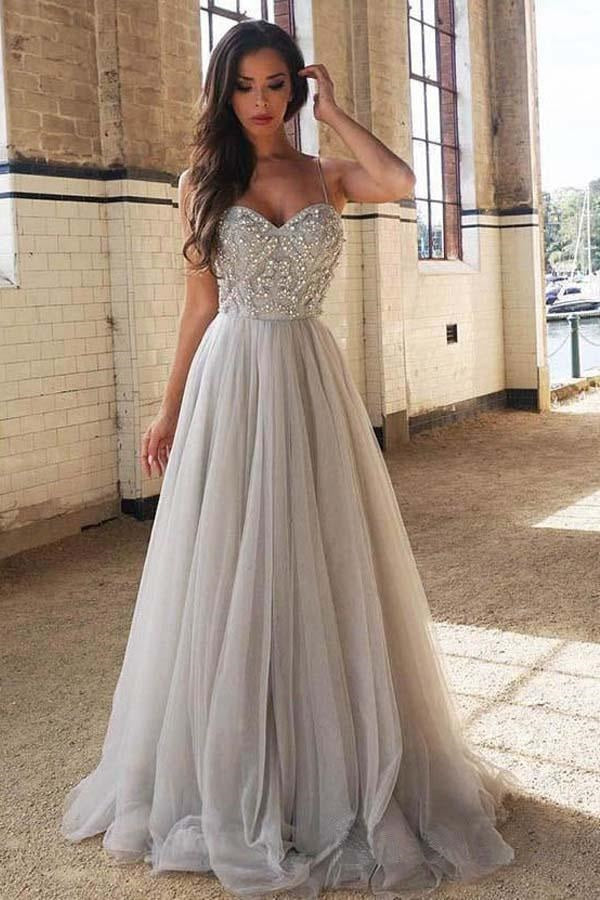 Pale Silver Gray Sparkly Beading Tulle A-line Prom Dress Long,Graduation Dress,GDC1282-Dolly Gown