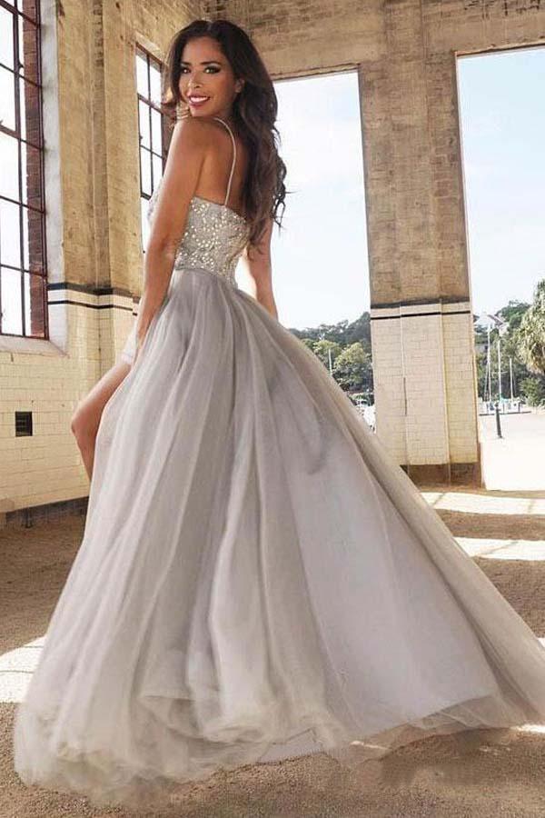 Pale Silver Gray Sparkly Beading Tulle A-line Prom Dress Long | Graduation Dress Pale Silver Gray Sparkly Beading Tulle A-line Prom Dress Long | Graduation Dress