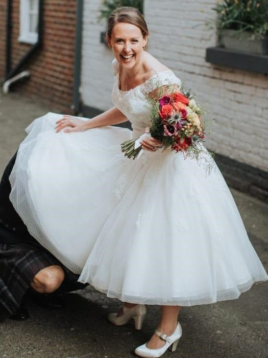 Pin Up RocknRoll Tea Length 50s Style Tiny Polka Dot Lace Wedding Dress 20081823-Dolly Gown