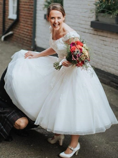 Pin Up RocknRoll Tea Length 50s Style Tiny Polka Dot Lace Wedding Dress 20081823-Dolly Gown