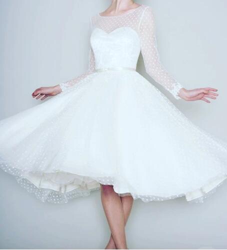 Pin UP Polka Dots Long Sleeved Tea Length 1950s Tea Length Wedding Dress with Full Circle Skirt,GDC1518-Dolly Gown