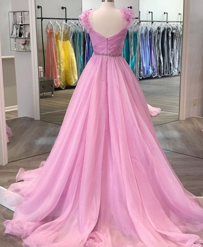 Pink Princess Ball Gown Prom Dress with Floral Shoulders -DollyGown