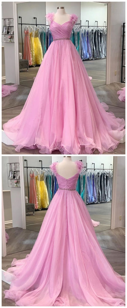 Pink Princess Ball Gown Prom Dress with Floral Shoulders -DollyGown
