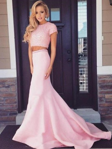 Pink Prom Dress Long Prom Dress Two Piece Prom Dress Cheap Prom Dress MA133-Dolly Gown