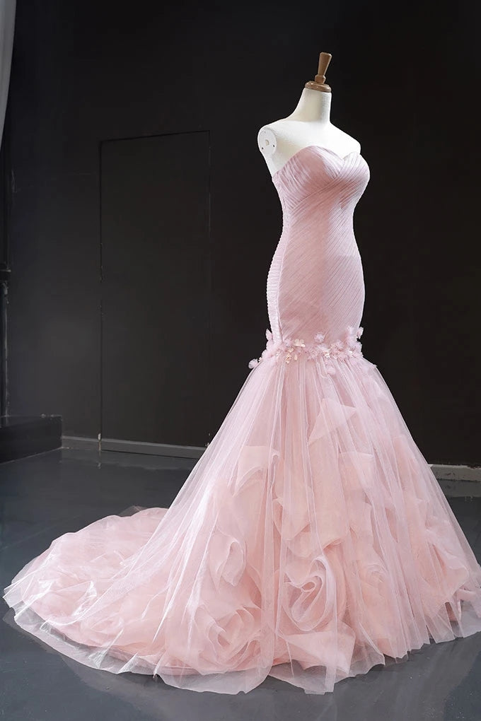 Pink Tulle Princess Wedding Dress Strapless Pink Long Prom Dress