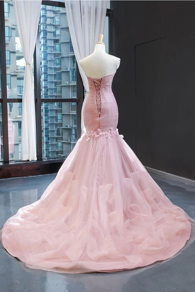 Pink Tulle Princess Wedding Dress Strapless Pink Long Prom Dress with ruffles Skirt Pink Tulle Princess Wedding Dress Strapless Pink Long Prom Dress with ruffles Skirt