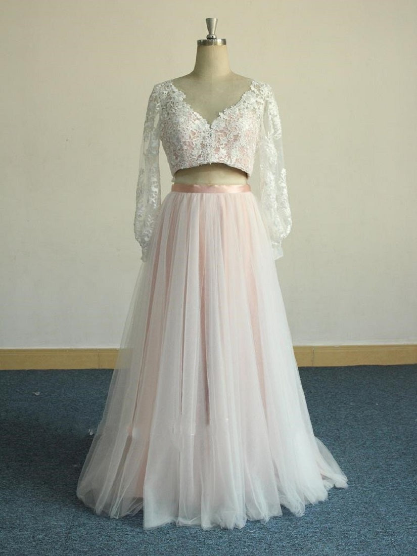 Pink Two Piece Long Sleeve Wedding Dress with Tulle Skirt White Lace Overlayer,20082226-Dolly Gown