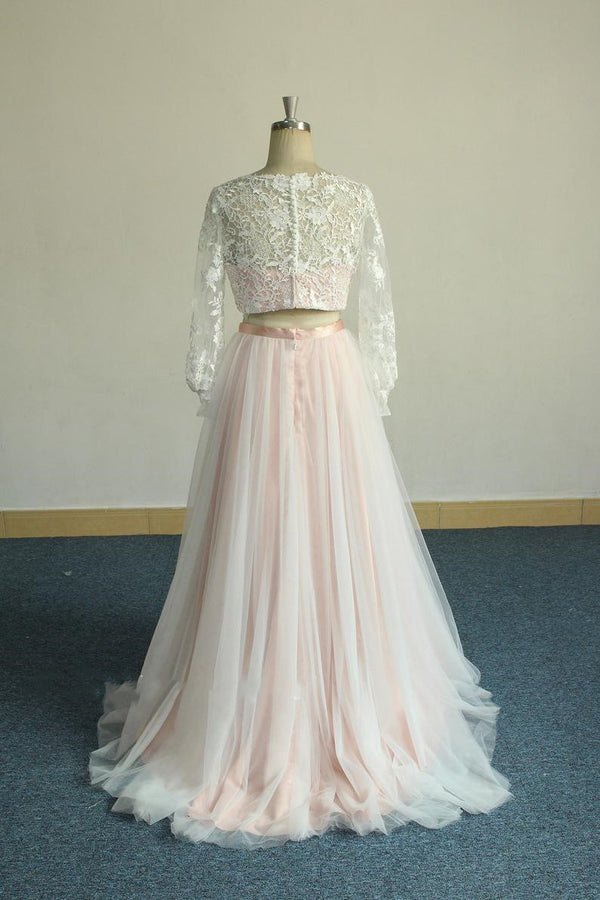 Pink Two Piece Long Sleeve Wedding Dress with Tulle Skirt White Lace Overlayer
