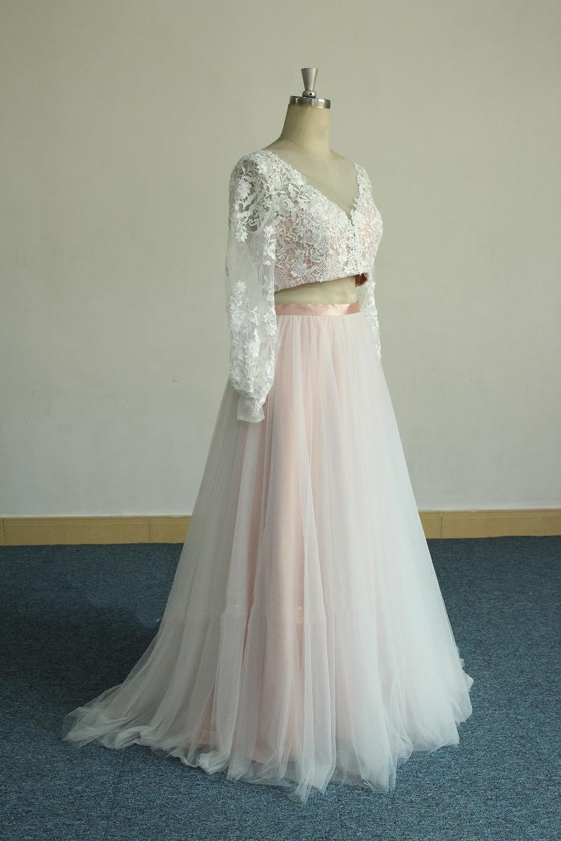 Pink Two Piece Long Sleeve Wedding Dress with Tulle Skirt White Lace Overlayer Pink Two Piece Long Sleeve Wedding Dress with Tulle Skirt White Lace Overlayer